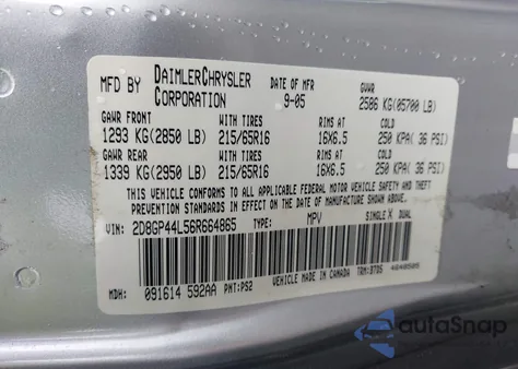 2006 Dodge Grand Caravan Sxt из США, поврежденный, VIN 2D8GP44L56R664865